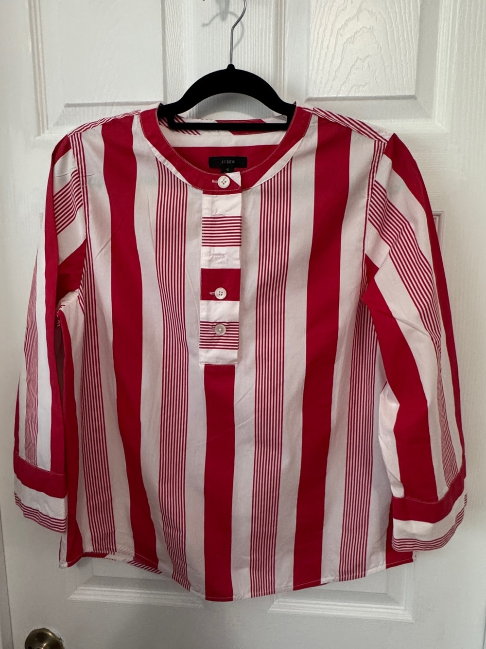 J. Crew Red and White Striped Popover Blouse